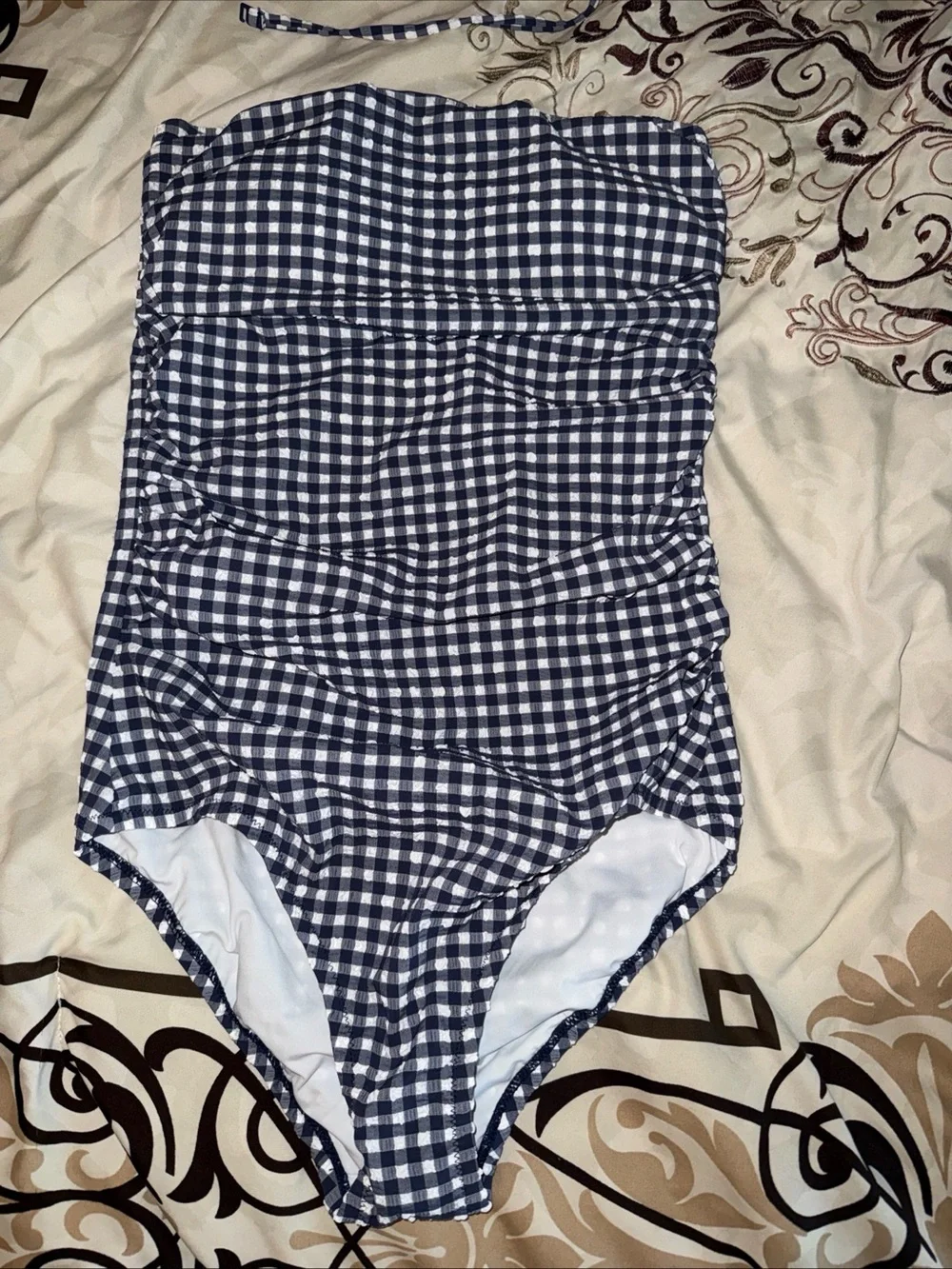 Jcrew rouched bandeau one piece swimsuit navy gingham size 8 tall